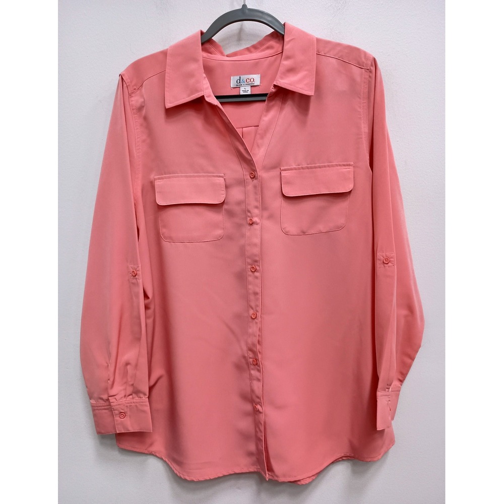 Denim & Co Button Down Shirt Womens L Pink Utility Roll Tab Sleeve Casual Top